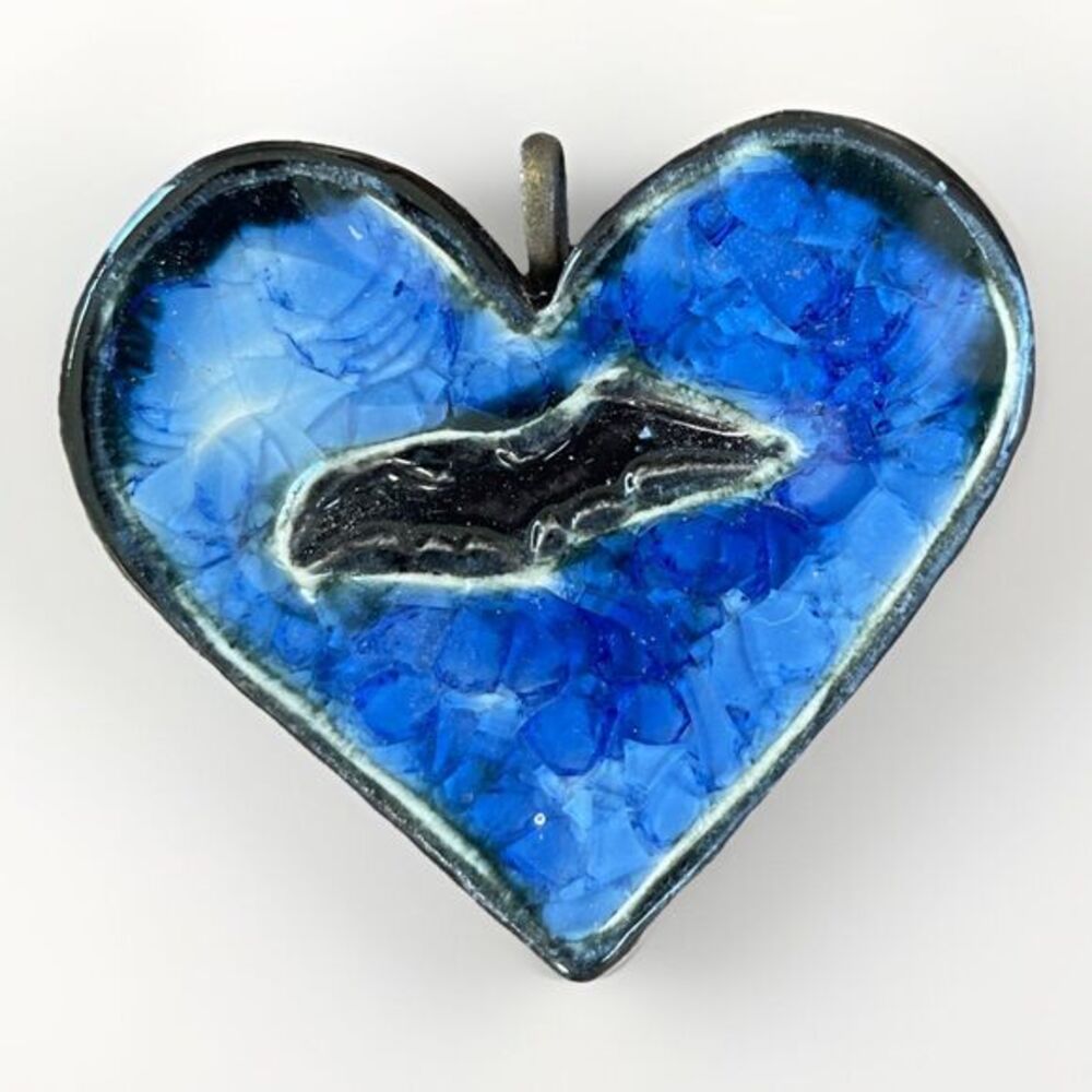 Hand Crafted Ceramic Glass Blue‎ Heart w/ Bat Pendant 2” Halloween Gothic Witchy